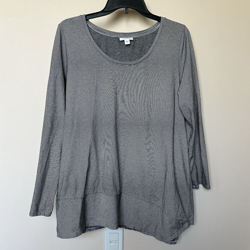 Pure Jill Top Womens Large Asymmetric Black Gray Stripe Tunic  Pullover Baggy
